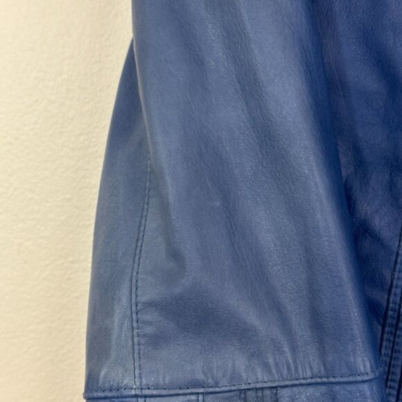 Anthropologie JUNE Handcrafted Medium Blue Cropped 3/4 Sleeve Leather Jacket L - Picture 6 of 12